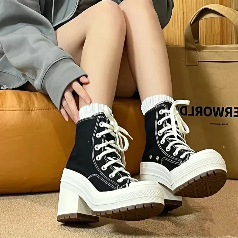 Women Platform Sneakers Canvas Shoes Personalized Luxry Heels Skateboard Lace Up Casual Fashion Outdoor Sneakers Plus Size 36-42