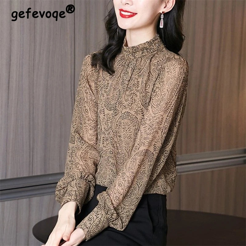 Women Vintage Ruffled Design Elegant Blouse Fashion Print Stand Collar Long Sleeve Loose Shirts Female Chic Chiffon Tops Blusas