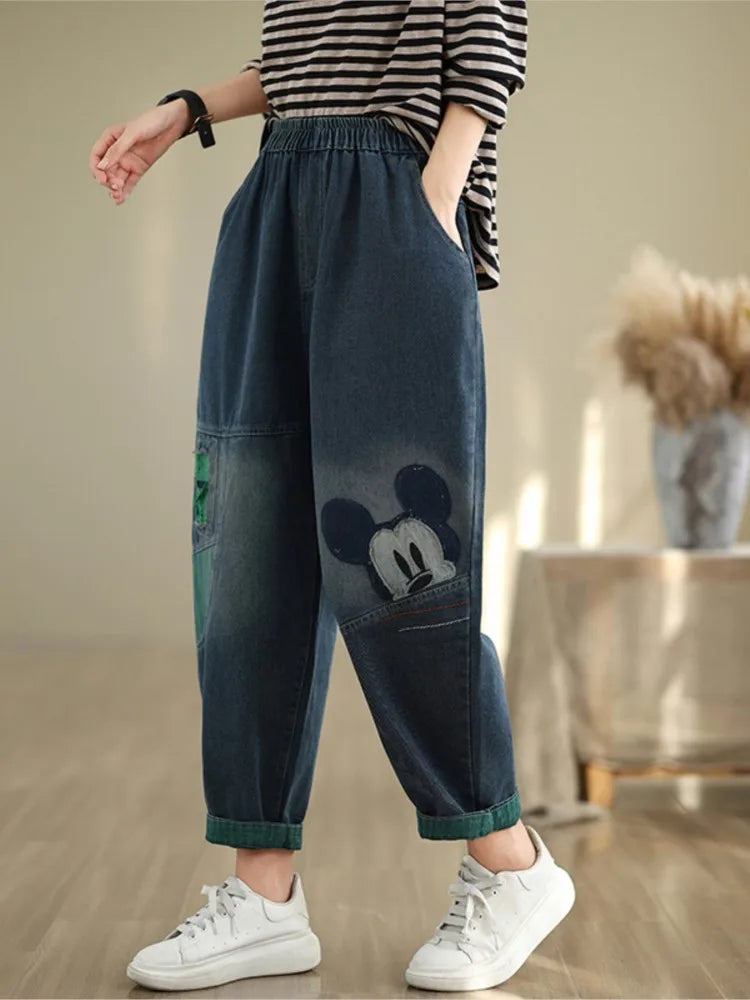 Oversized Jeans Autumn Cartoon Print Pant Women Casual Loose Pleated Fashion Ladies Trousers Elastic High Waist Woman Harem Pant