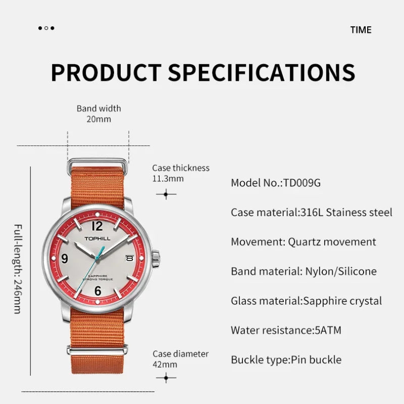 TOPHILL 42mm Classical Quartz Watch Men's Watch Nylon Strap 5Bar Waterproof Wristwatch Sapphire Crystal Glasses Watch TD009G