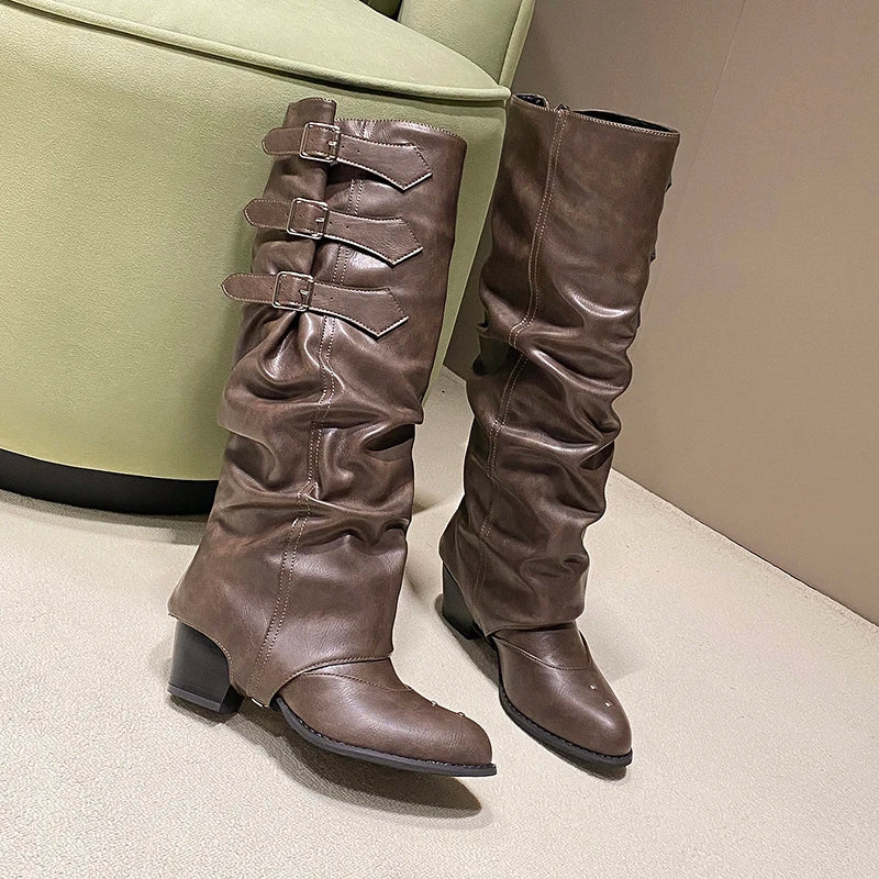 Women's Removable Boot Shaft Riding Shoes New Autumn Pointed Toe Chunky Heel Women's Knee High Boots Retro Women's Knight Boots