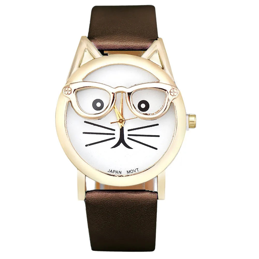 Hot Sale Fashion Cute Glasses Cat Watch Women Casual Wristwatches Leather Band Quartz Watches Ladies Girls Gifts Reloj Mujer