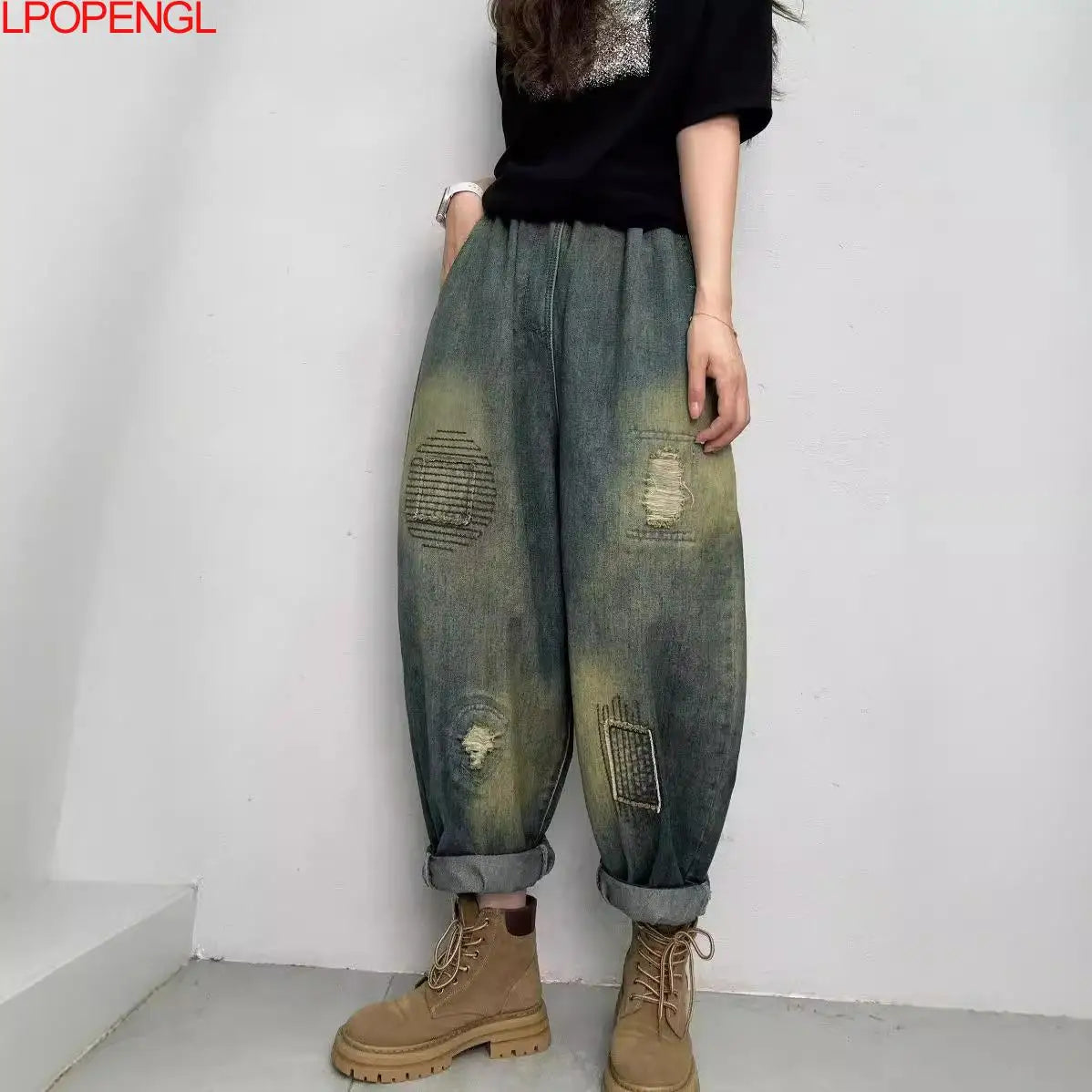 Women's Fashion Autumn New Simple Distressed Ripped Patchwork Denim  Harem Pants Elasticated Waist Loose Streetwear Baggy Jeans