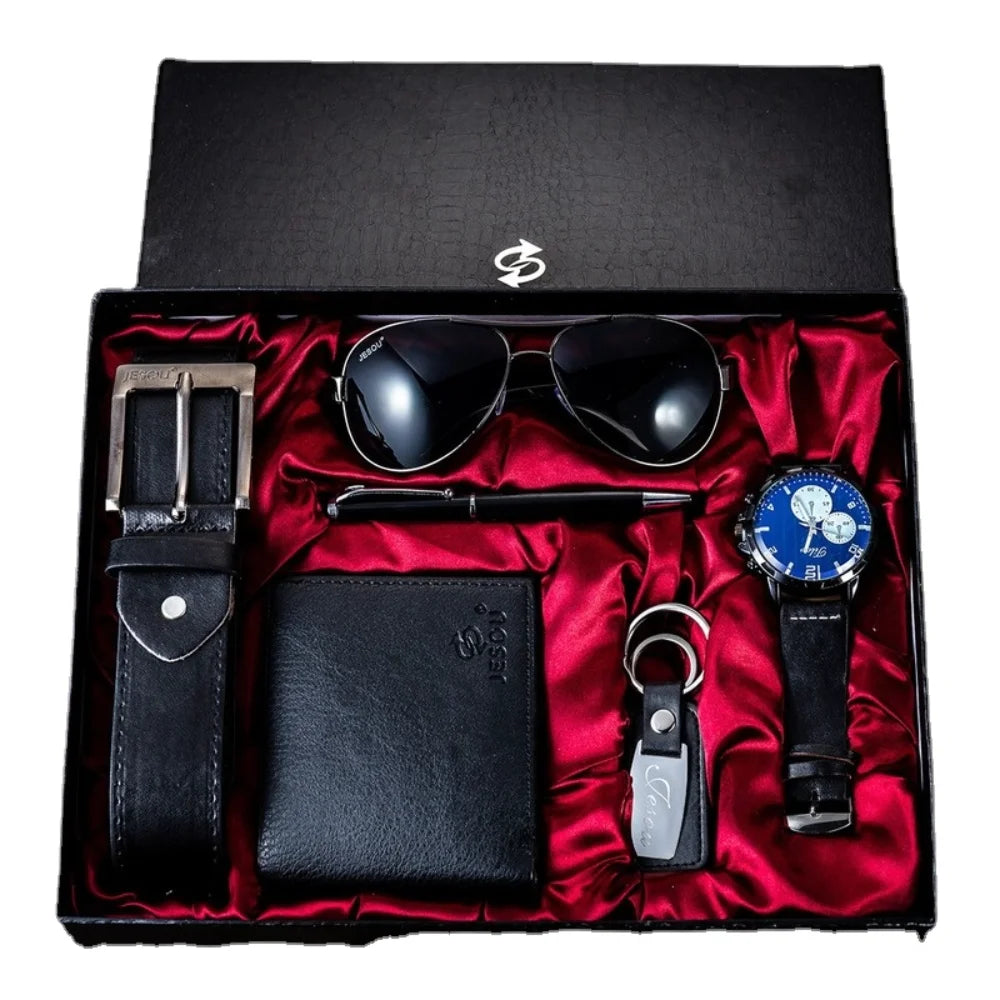 6Pcs/Set Fashion Mens Watches Set Luxury Gift Box Watch for Men Belt Glasses Keychain Pen Wallet Male Wristwatch Set with Box