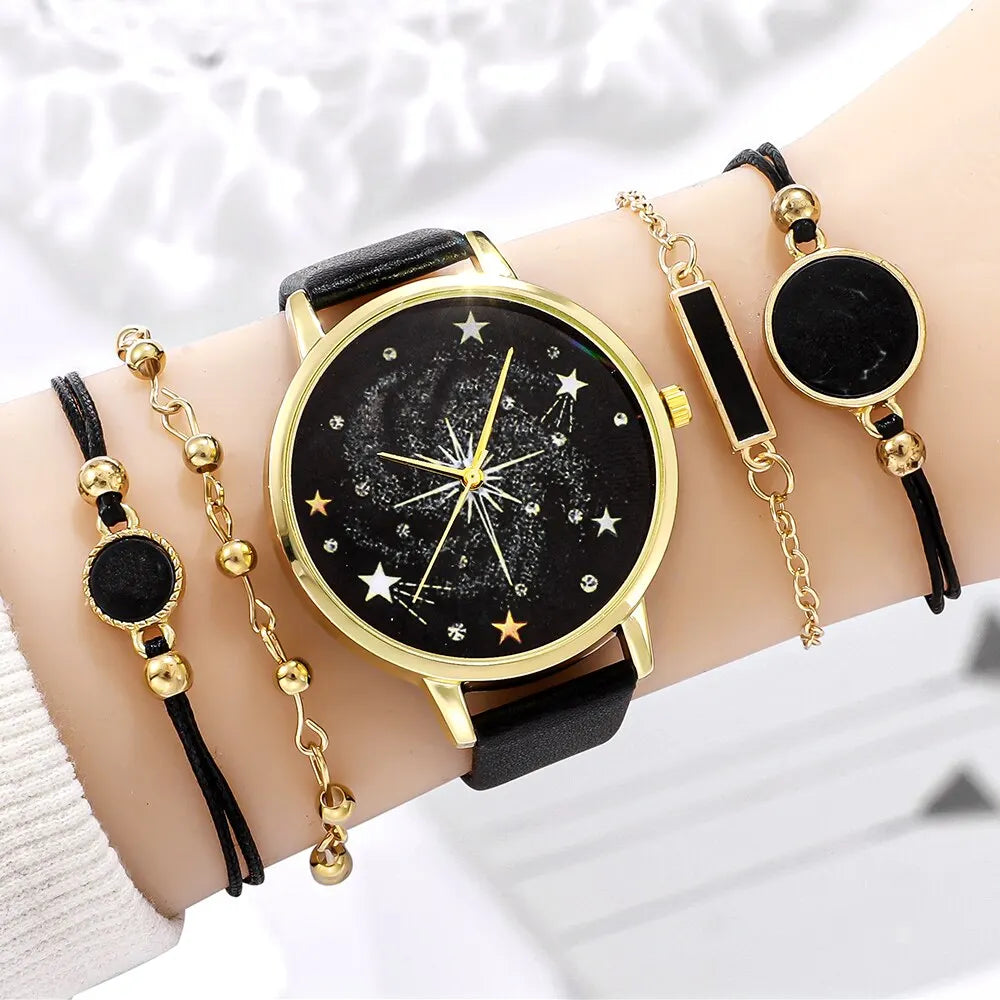 5PCS Set Women Fashion Watch Casual Leather Belt Watches Ladies Starry Sky Dial Quartz Wristwatches Dress Clock Montre Femme