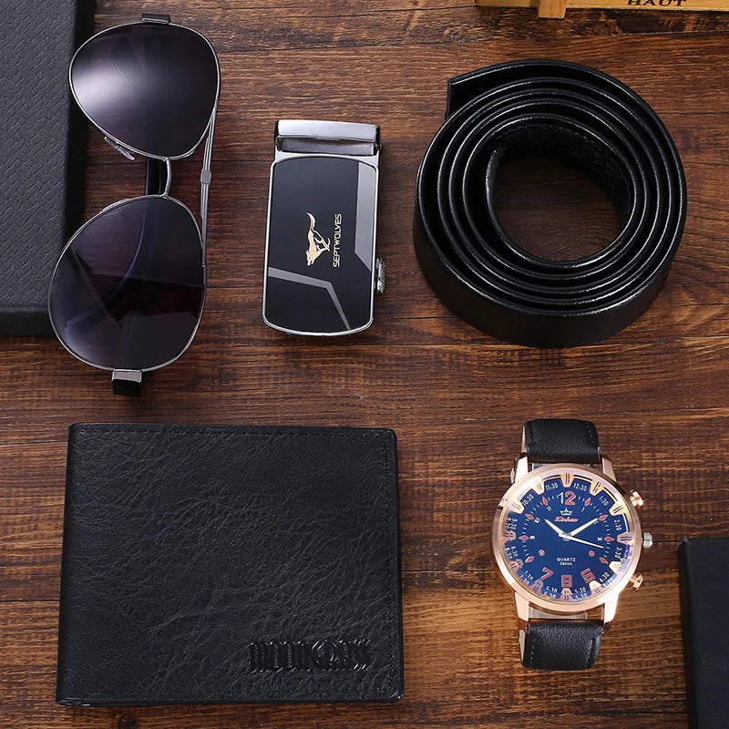 2024 4pcs/set Men's Gift Set New Fashion Business Watch Men Glasses Leather Belt Wallet Set Gift Box for Men Gifts Drop Shipping