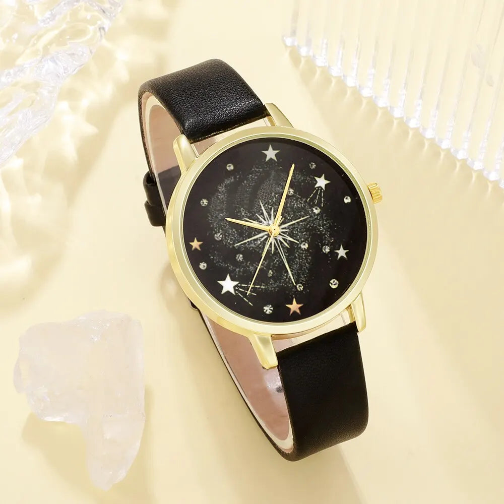 5PCS Set Women Fashion Watch Casual Leather Belt Watches Ladies Starry Sky Dial Quartz Wristwatches Dress Clock Montre Femme