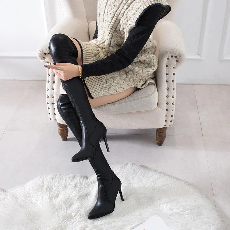 White Women's Long Boots Petite Slim Fit High Heel Knee-length Ankle Boots Rubber Upper Pointed Toe For Autumn/winter