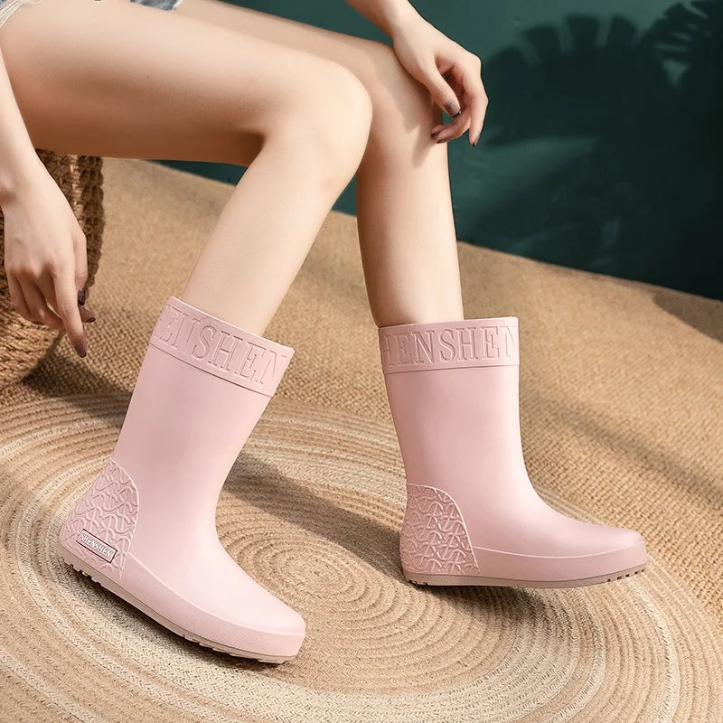 Rain Boots Ladies New Adult Fashion Mid-Calf Waterproof Non-Slip WearResistant Working Water-Proof Shoes Winter Cotton plus Warm