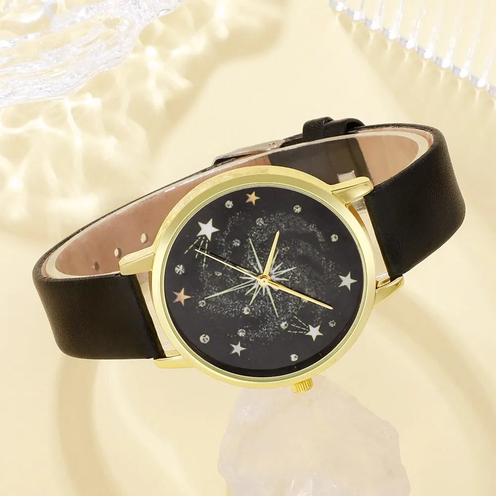 5PCS Set Women Fashion Watch Casual Leather Belt Watches Ladies Starry Sky Dial Quartz Wristwatches Dress Clock Montre Femme